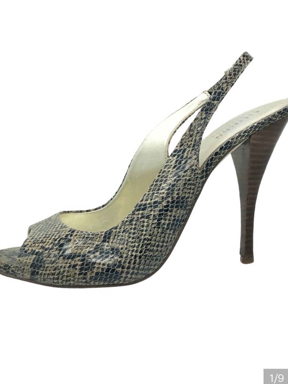 Guess by Marciano Beige and Black Snake-Print Slingback Peep-Toe Heels